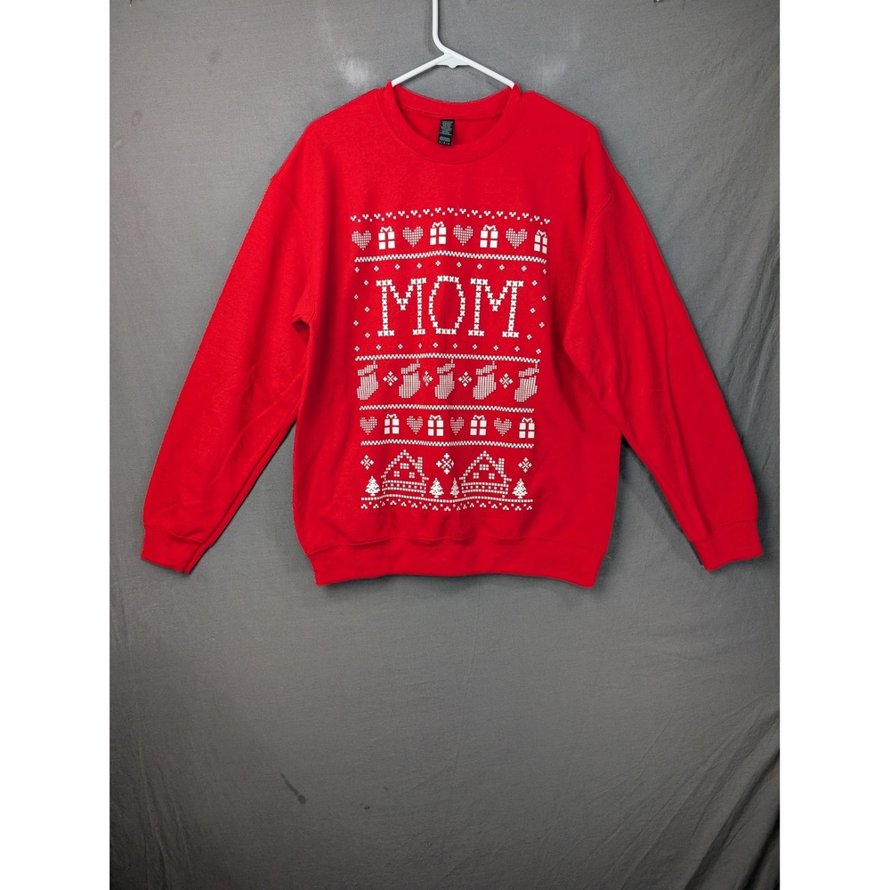 Gildan Red Mom Ugly Christmas Sweater Medium Graphic Pullover Holiday